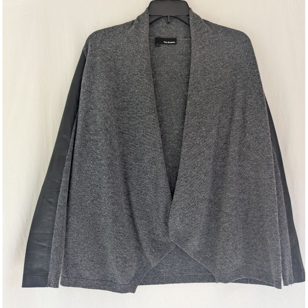 The Kooples Gray Open Cardigan with Black Lamb Leather Sleeves